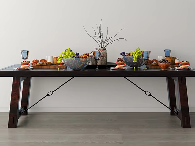 Appetizing Food Spread On Long Table With Grapes Bread Pastries And Decorative Vase 3d model