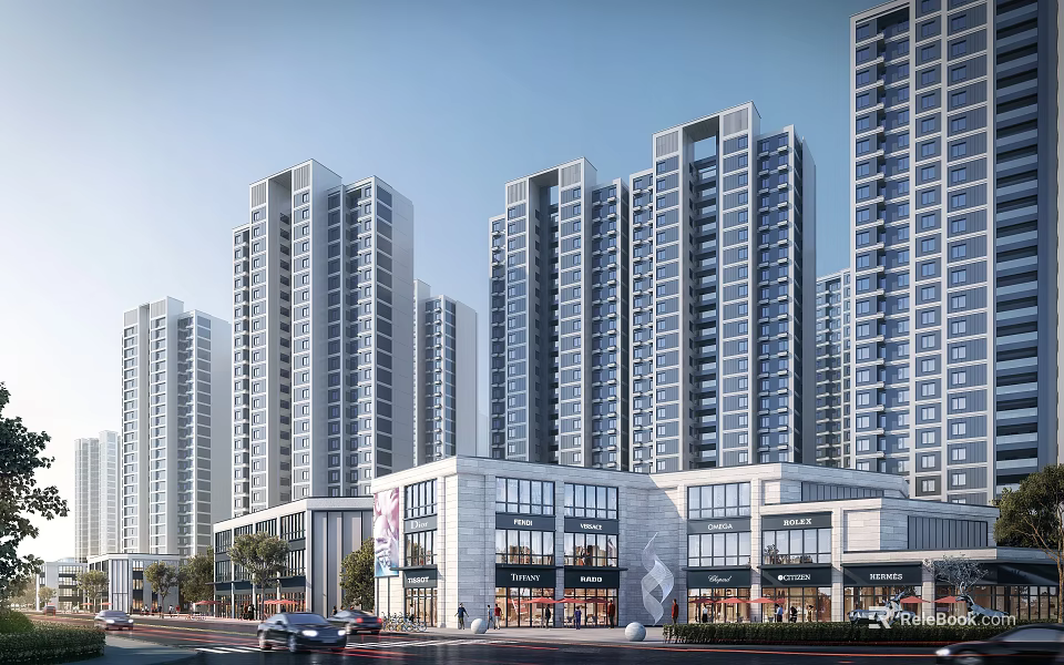 Modern Commercial Street With High Rise Buildings Shops Pedestrians And Vehicles 3d model 