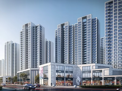 Modern Commercial Street With High Rise Buildings Shops Pedestrians And Vehicles 3d model
