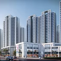 Modern Commercial Street With High Rise Buildings Shops Pedestrians And Vehicles