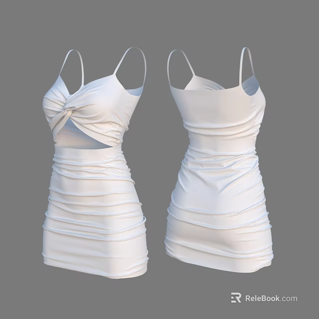 White Spaghetti Strap Dress With Twist Front And Ruched Waist Design 3d model 