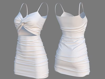 White Spaghetti Strap Dress With Twist Front And Ruched Waist Design 3d model