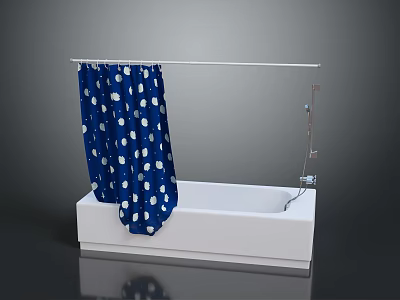 White Bathtub With Blue Polka Dot Shower Curtain And Chrome Shower Rod 3d model