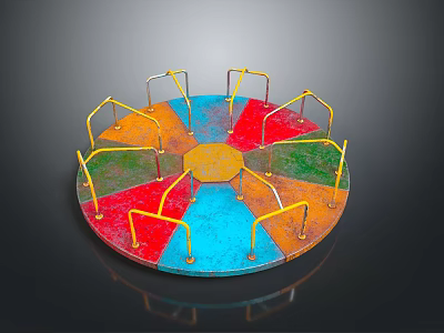 Colorful Children's Playground Carousel With Circular Design Red Blue Green Orange Sections And Yellow Handrails 3d model