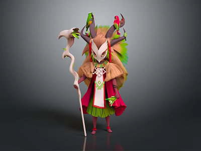 Vibrant Mythical Character With Creature Inspired Horns Nature Themed Attire And Curved Staff 3d model