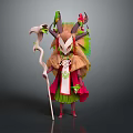 Vibrant Mythical Character With Creature Inspired Horns Nature Themed Attire And Curved Staff