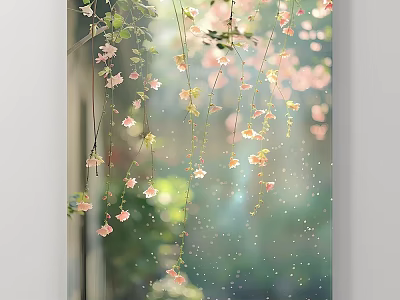 Hanging Pink Flowers Decorative Plant Painting With Green Background And Sparkling Dots 3d model