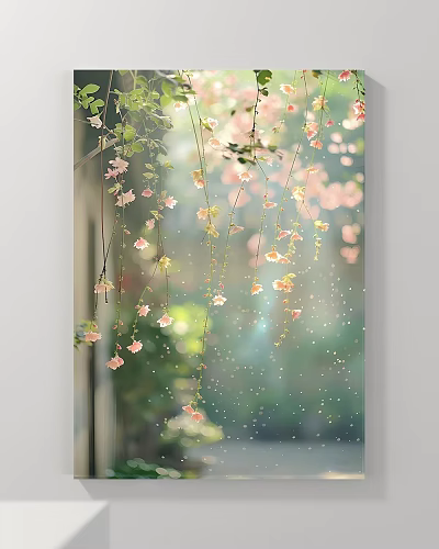 Hanging Pink Flowers Decorative Plant Painting With Green Background And Sparkling Dots 3d model