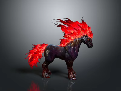 Mythical Black Horse with Fiery Red Mane Tail and Feather Like Details in Fantasy Design 3d model