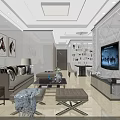 Modern Living And Dining Room Interior With Sofa TV Horse Paintings And Wine Cabinet
