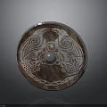 Medieval Wooden Shield With Silver Edge Carved Spiral Bird Patterns And Central Metal Ball Design
