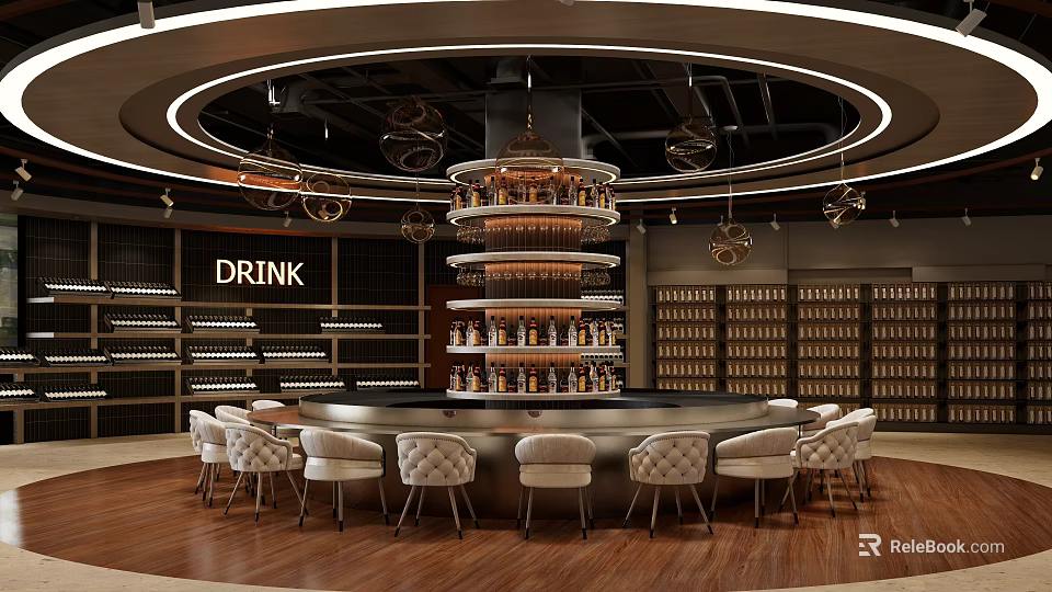Elegant Liquor Store Interior With Circular Bar Counter And Multi Layered Wine Racks 3d model 