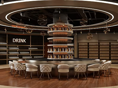 Elegant Liquor Store Interior With Circular Bar Counter And Multi Layered Wine Racks 3d model
