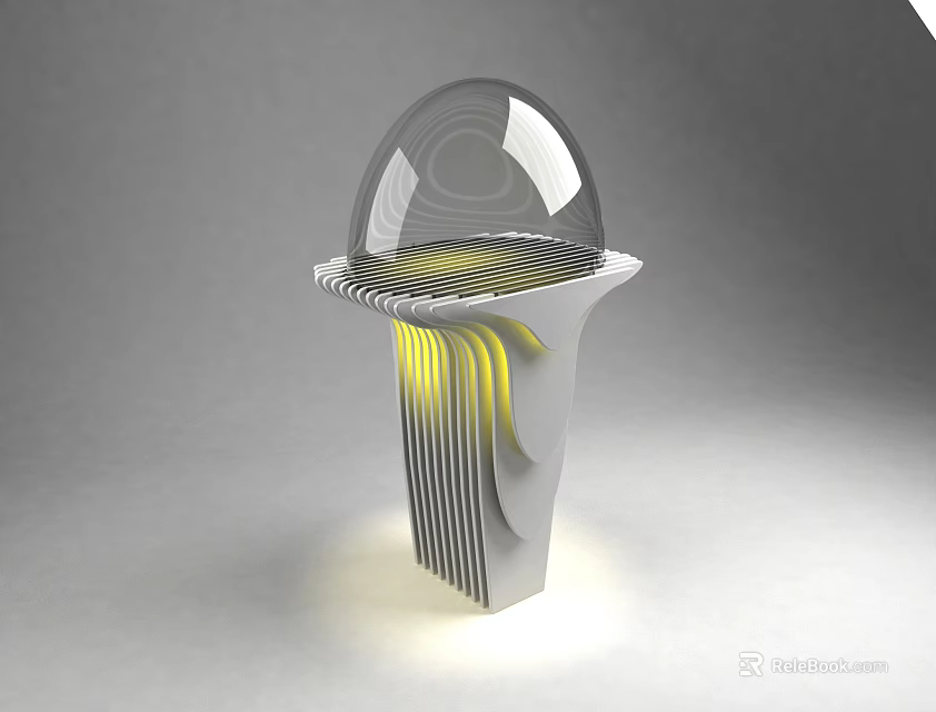 Modern Display Shelf Design With Transparent Dome Striped Base And Yellow Lighting 3d model