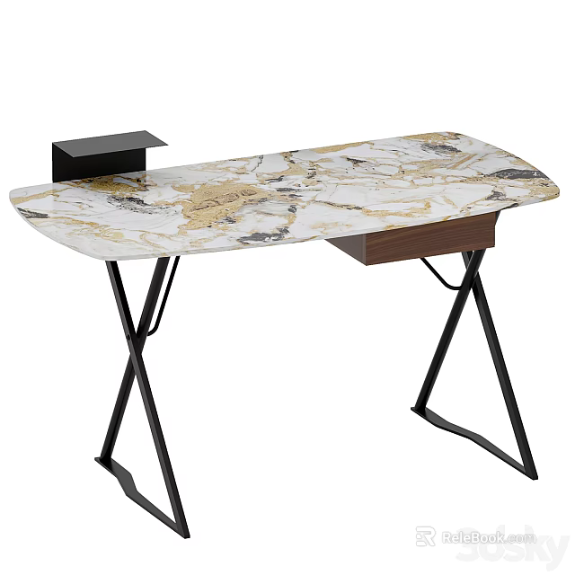 Modern Stylish Desk With Marble Top Black Metal Frame And Wooden Storage 3d model 