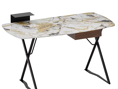 Modern Stylish Desk With Marble Top Black Metal Frame And Wooden Storage 3d model