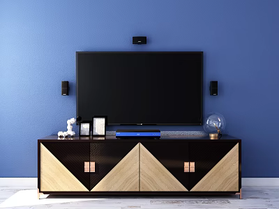 Modern TV Stand With Geometric Patterns Black TV On Blue Wall And Decorative Items 3d model