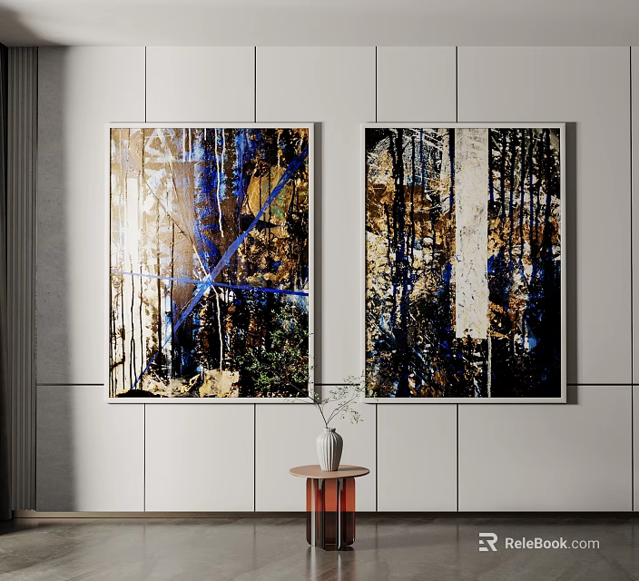 Two Abstract Paintings Hanging On Wall With Small Table And Vase In Modern Room 3d model 