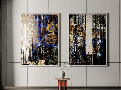 Two Abstract Paintings Hanging On Wall With Small Table And Vase In Modern Room 3d model