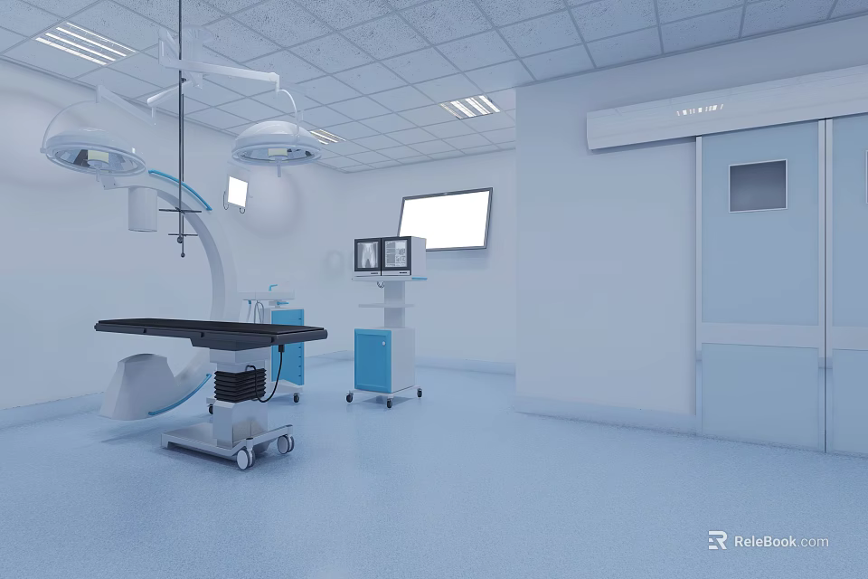 Modern Operating Room With Surgical Table Lights Ceiling Monitors And Medical Equipment 3d model 