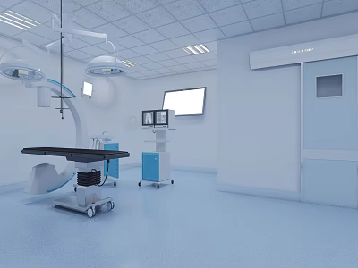 Modern Operating Room With Surgical Table Lights Ceiling Monitors And Medical Equipment 3d model