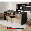 Modern Kitchen Bar Counter With Black Wooden Top Brown Black Stools Sink And Wine Bottles