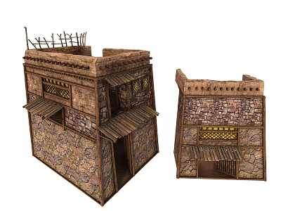 Traditional Guesthouse Buildings Featuring Stone Walls Wooden Structures Latticed Windows And Awnings 3d model
