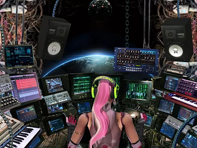 Professional Commercial Audio Equipment For Music Production With Mixing Consoles Displays And Speakers 3d model