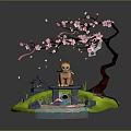 Cartoon Scene With Fox On Bridge Cherry Blossom Tree Koi Fish Pond And Small Pagoda