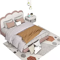 Kids Bed With Curved Pink White Headboard Soft Pillows Cozy Blanket Bedside Table And Geometric Rug