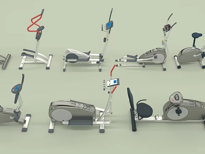 Various Types of Sports Fitness Equipment Including Elliptical Trainers And Exercise Bikes 3d model