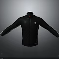 Black Jacket With Stand Up Collar White Sleeve Stripes Chest Logo And Zipper Closure