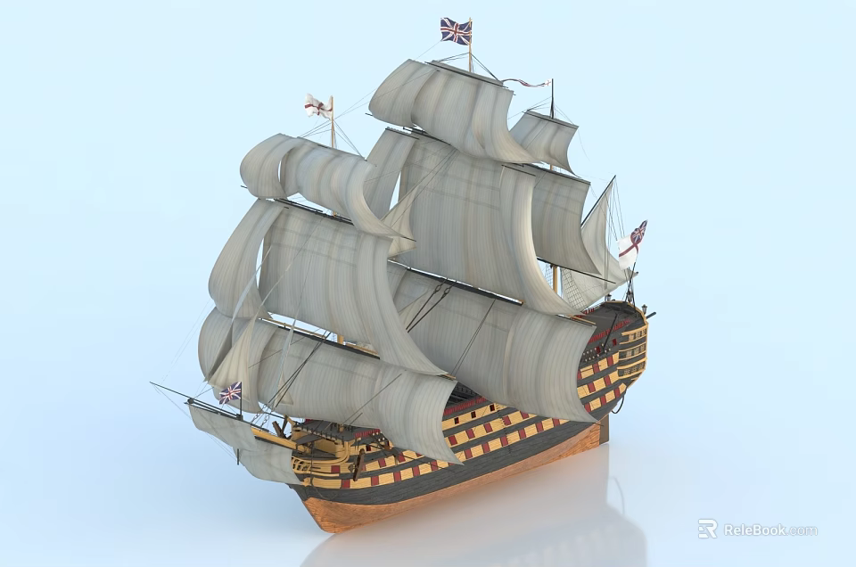 Vintage Tall Sailing Ship Model With White Sails Black Red Striped Hull And Union Jack Flags 3d model 