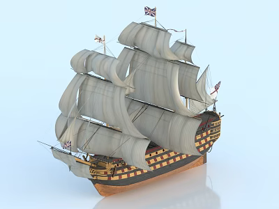 Vintage Tall Sailing Ship Model With White Sails Black Red Striped Hull And Union Jack Flags 3d model