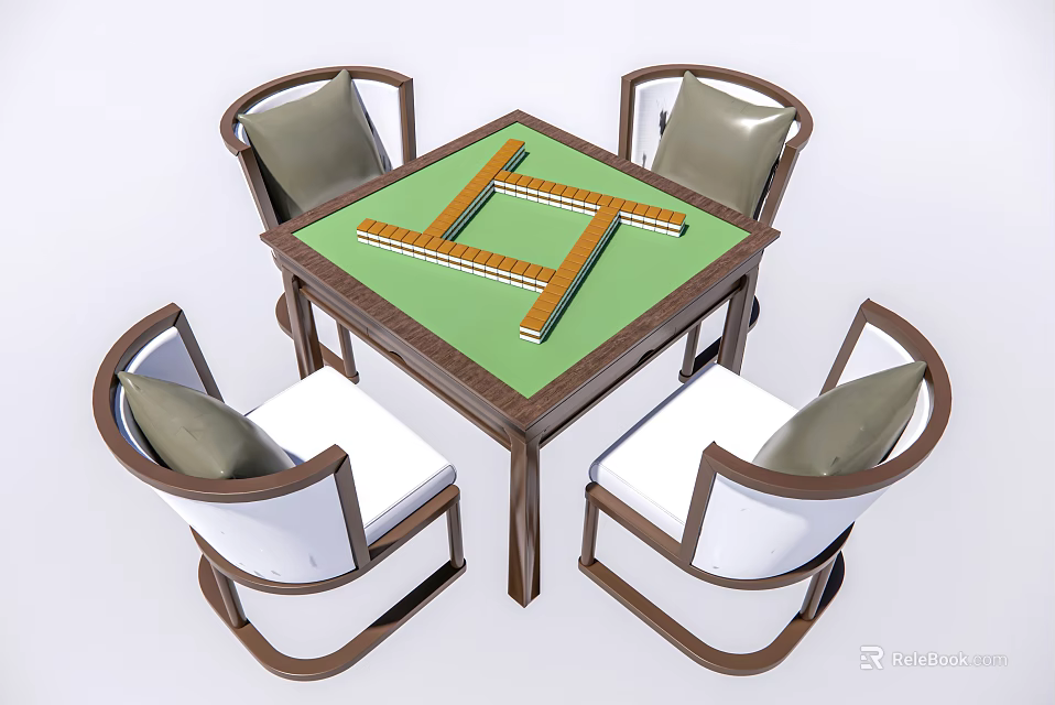 Modern Square Table With Green Tabletop Wooden Frame And Four Light Cushioned Chairs 3d model 