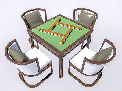 Modern Square Table With Green Tabletop Wooden Frame And Four Light Cushioned Chairs 3d model