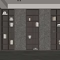Modern Wooden Bookcase With Layered Shelves And Decorative Items On Textured Backdrop