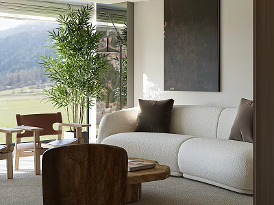 Minimalist Sofa Coffee Table Set With White Upholstery Wooden Top Mountain View And Potted Plant 3d model