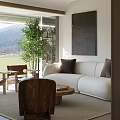Minimalist Sofa Coffee Table Set With White Upholstery Wooden Top Mountain View And Potted Plant