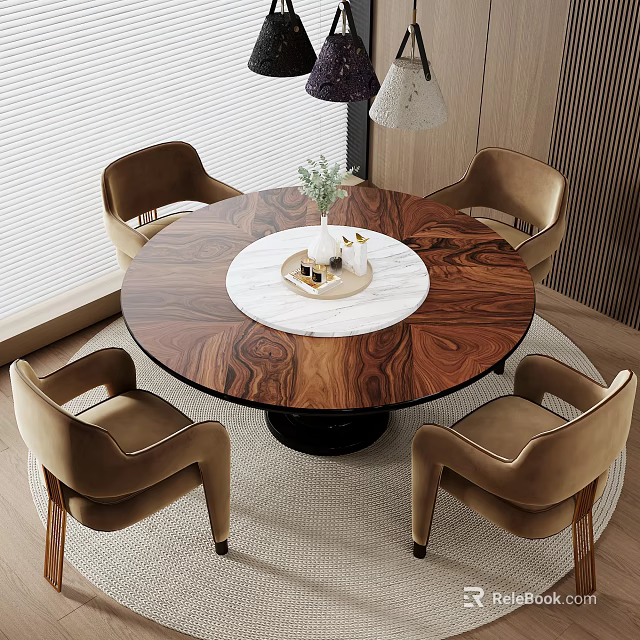 Round Wooden Dining Table Set With Marble Center And Four Beige Velvet Chairs 3d model 