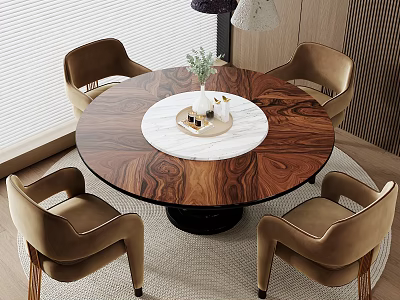 Round Wooden Dining Table Set With Marble Center And Four Beige Velvet Chairs 3d model
