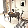 Black Round Dining Table Set With Curved Back Chairs And Checkered Rug Indoor