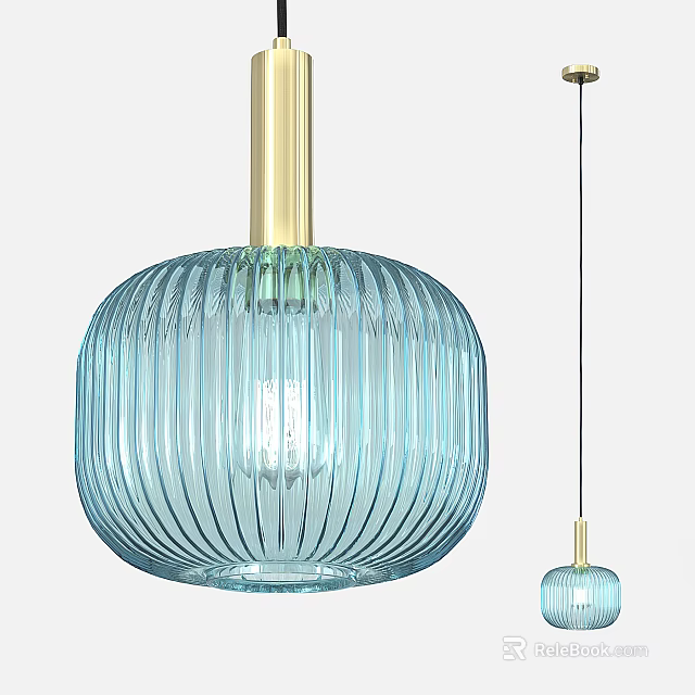 Elegant Blue Ribbed Glass Pendant Light with Golden Hanging Rod for Modern Interior 3d model 