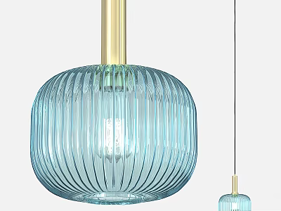 Elegant Blue Ribbed Glass Pendant Light with Golden Hanging Rod for Modern Interior 3d model