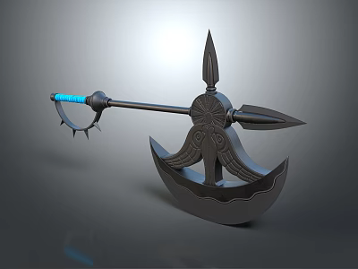 3D Rendered Fantasy Battle Axe With Blue Glowing Handle And Spiked Head 3d model