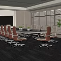 Conference Room Interior With Long Meeting Table Orange White Chairs Large Screen Blinds And Plants