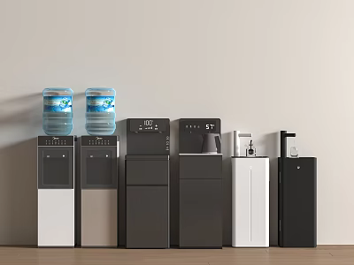 Modern Kitchen Appliances With Various Black White Gray Water Dispensers In Row 3d model