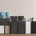 Modern Kitchen Appliances With Various Black White Gray Water Dispensers In Row