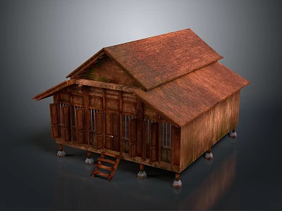 Traditional Wooden House With Brown Tiled Roof Elevated Base And Wooden Stairs 3d model