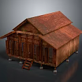 Traditional Wooden House With Brown Tiled Roof Elevated Base And Wooden Stairs
